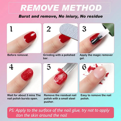Blushimmer 15ml Magic Fast Disarm Nail Gel Polish Remover with UV soak-off tools for semi-permanent nail art removal.