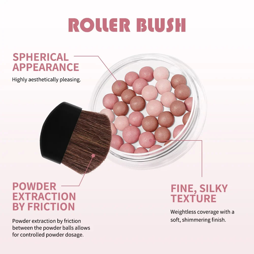 Blushimmer Lakerain Roller Blush with spherical pink pearl design, brightening and delicate female cosmetic blushing product.