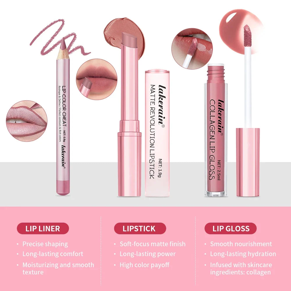 Blushimmer 3-piece lip gloss, lipstick, and lip liner set with waterproof, long-lasting matte finish for women’s travel makeup kit.