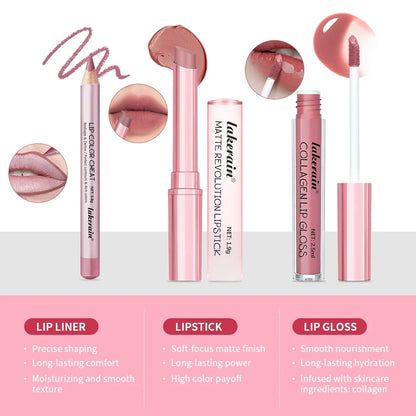 Blushimmer 3-piece lip gloss, lipstick, and lip liner set with waterproof, long-lasting matte finish for women’s travel makeup kit.