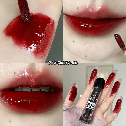 Blushimmer Pinkcoco Bear Doodle Mirror Lip Glaze showing a shiny, nude lip gloss with a bear doodle design on the tube.