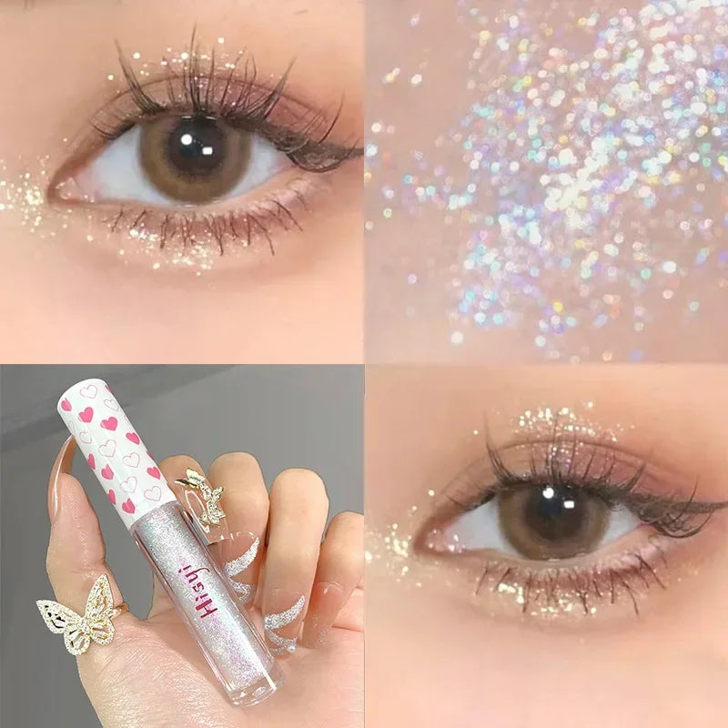 Blushimmer liquid eyeshadow highlighter with waterproof, ultra-shiny glitter finish for long-lasting silkworm eye looks.