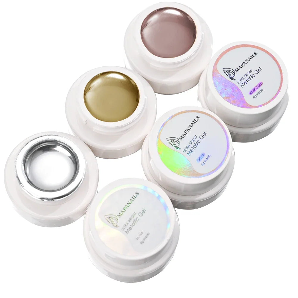 Blushimmer metallic gold mirror effect gel nail polish in 5/7/8/10ml bottles with French design and line flower drawing for UV soak-off nails.