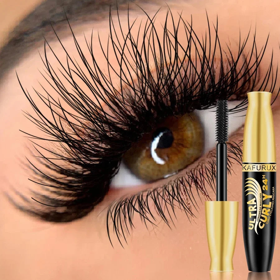 Close-up of black lengthening waterproof mascara wand from Blushimmer showing bristles and smooth formula.