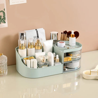 Blushimmer makeup storage box with compartments for cosmetics, jewelry, and nail polish, ideal for desktop or dorm organization.