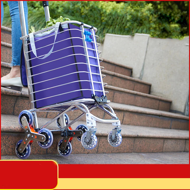 Grocery Cart Portable Aluminum Alloy Shopping Folding Trolley Big Capacity Lightweight Step Climbing Folded Trolley