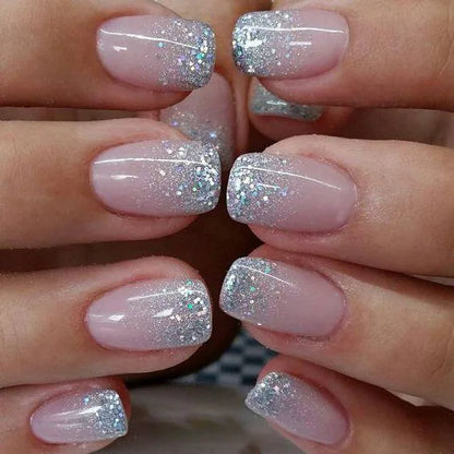 Set of 24 pink and white gradient square false nail tips with French press design by Blushimmer, including jelly glue for short full cover nails.