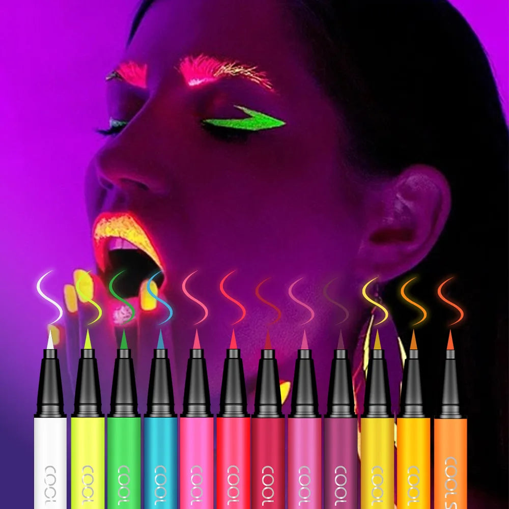 Blushimmer 12-pack neon eyeliner pencils with UV glow, vibrant eyeshadow and body paint for festival makeup, liquid eyeline pens.