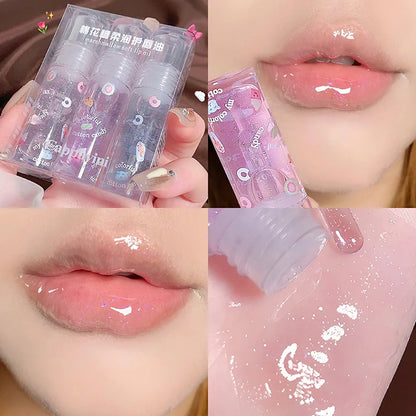 Set of three transparent glitter lip glosses by Blushimmer with clear, water-light, color-changing, moisturizing, jelly lip oils.