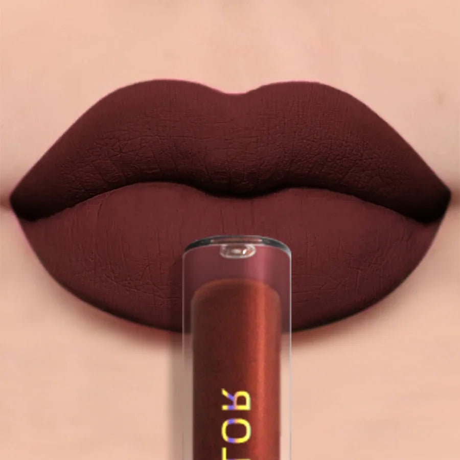Blushimmer matte velvet waterproof lip gloss in nude and red shades, featuring a glossy liquid lipstick with black lips tint.