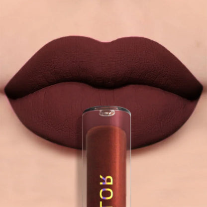 Blushimmer matte velvet waterproof lip gloss in nude and red shades, featuring a glossy liquid lipstick with black lips tint.