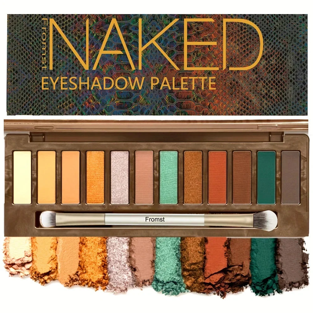 Blushimmer 12-color eyeshadow palette with pearlescent shimmer, waterproof formula and vibrant shades in a 30g compact.
