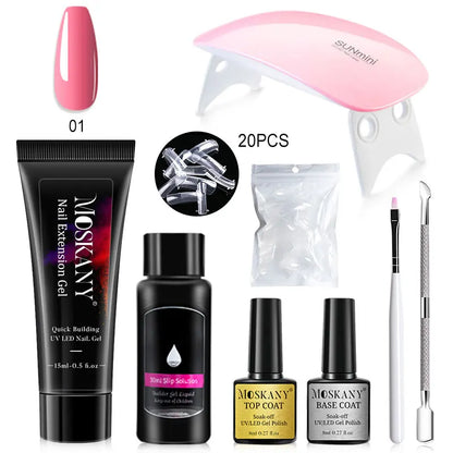 Blushimmer poly nail gel full set with 6W LED lamp, including nail tips, 3D design decorations, and manicure tools for beginners.