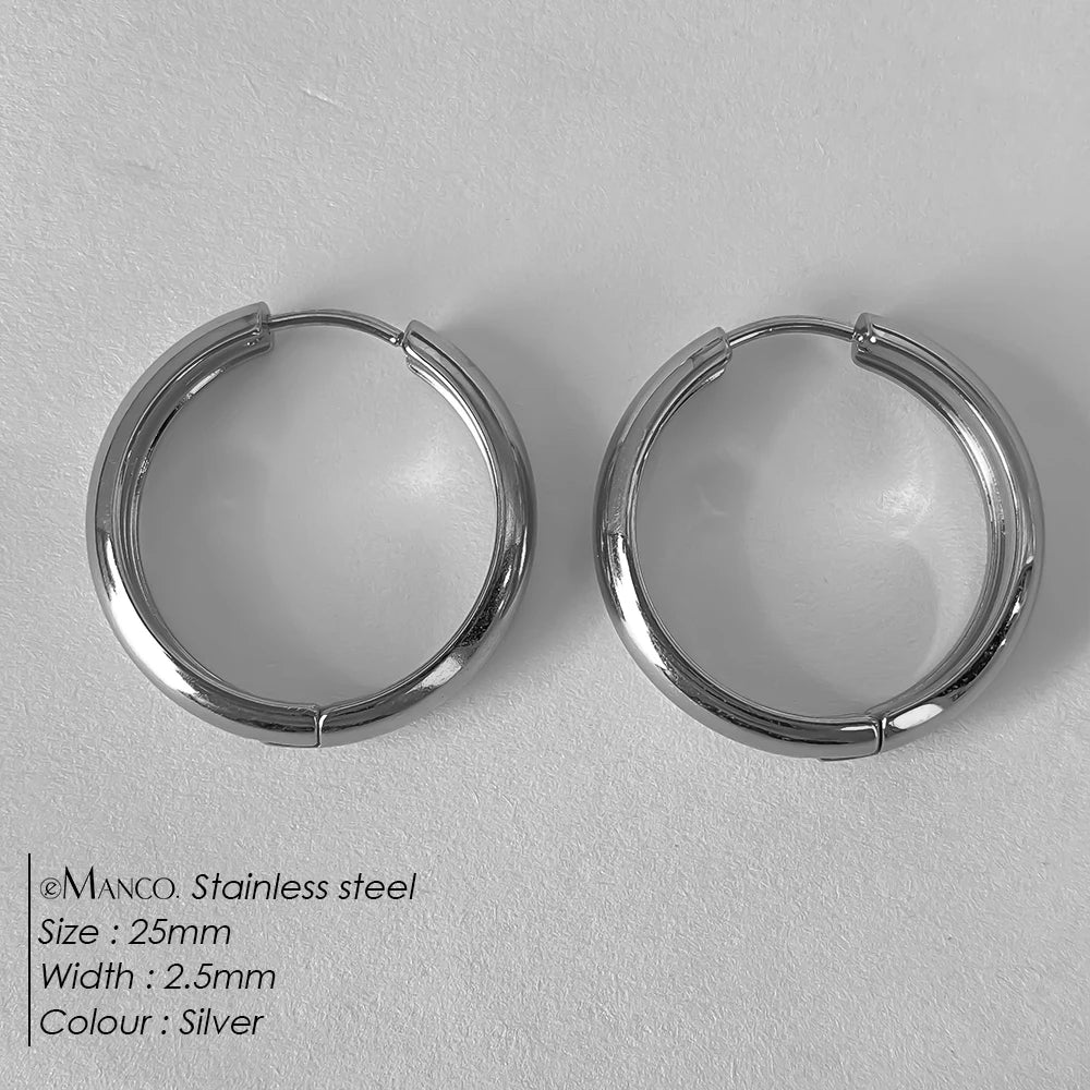 eManco Classic Round Stainless Steel Earrings For Women Men Geometric Circle Ear Buckle Fashion Huggie Daily Jewelry