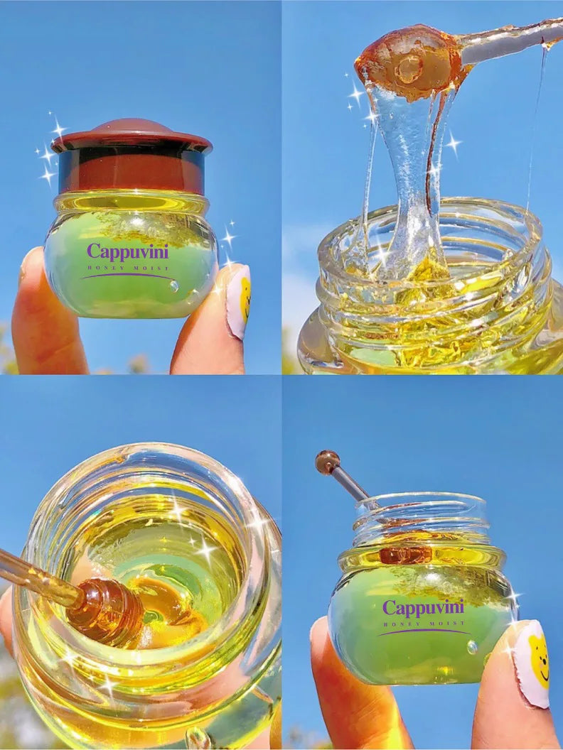 Clear honey pot-shaped lip mask by Blushimmer for moisturizing, lightening lip lines, and lip care, shown in a sleek container.