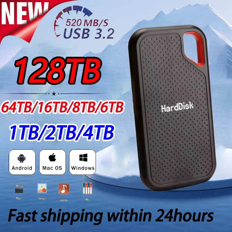 128TB External Hard Drive High Capacity Solid State Hard Drive 4TB Fast Transmission Storage Disk for Desktop MAC Phone
