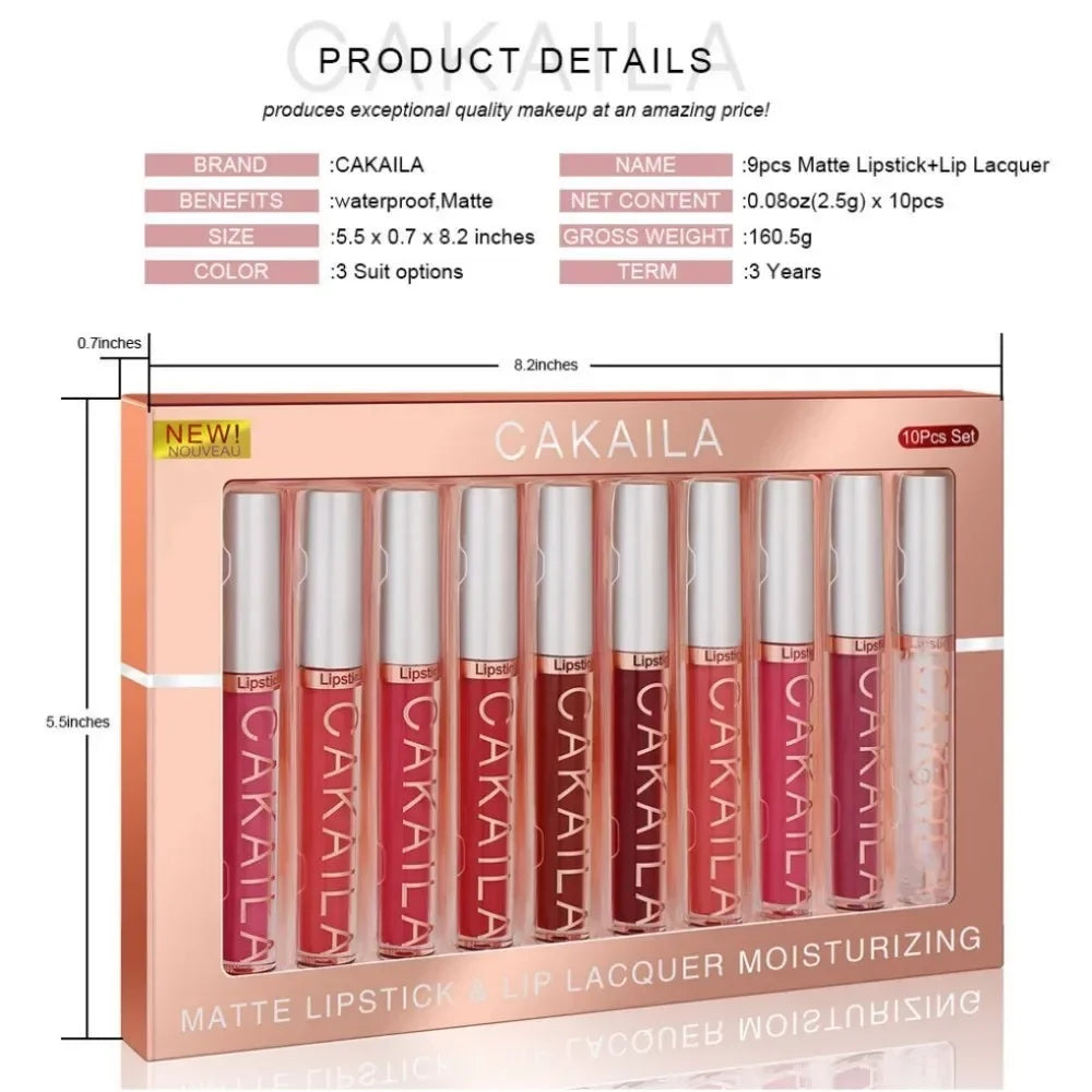 Set of 10 nude matte lip glosses by Blushimmer, waterproof and long-lasting liquid lip tints for women, displayed in a sleek collection.