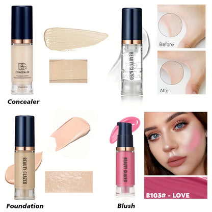 4Pcs Set Primer + Concealer + Liquid Foundation + Liquid Blush Matte Velvet Waterproof Foundation Blush Makeup For Travel