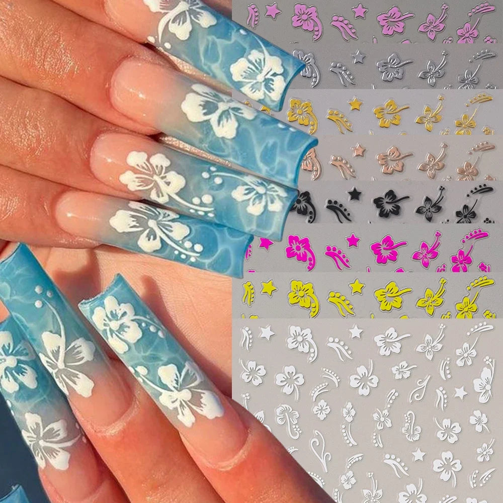 Blushimmer 3D hibiscus flower nail sticker with white, black, pink, and gold petals for nail art decoration and floral design.