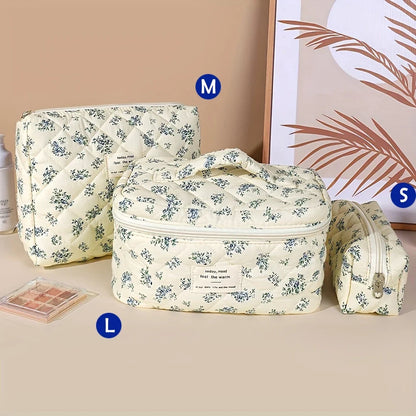 Cute quilted cotton makeup bag by Blushimmer with zipper closure, portable cloth cosmetic organizer for women and girls.