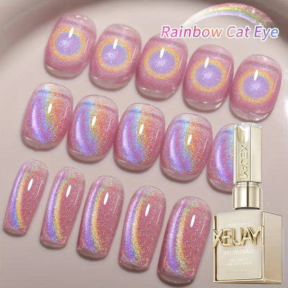Rainbow Cat's Eye gel nail polish by Blushimmer, 15ml, long-lasting UV LED curing nail art gel with vibrant rainbow effect.