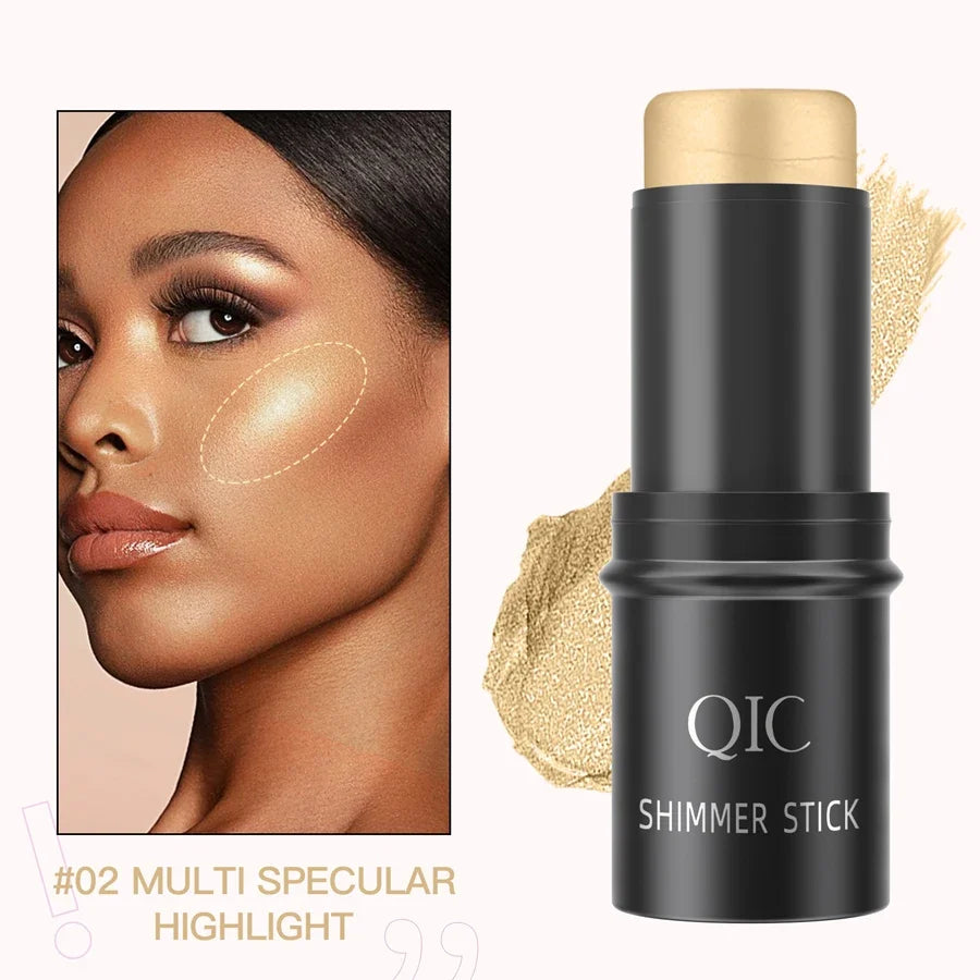 Blushimmer face contouring bronzer stick with highlighter, blush, and concealer for makeup, shown in a sleek cream pen form.