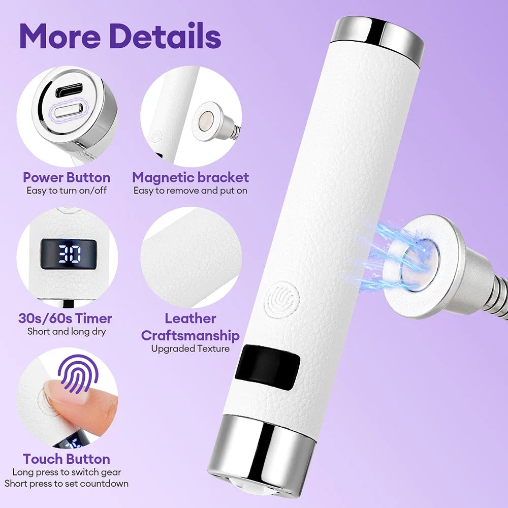 Blushimmer portable UV nail dryer with flexible hose, LED light, rechargeable gel lamp for nail art and gel nail curing.