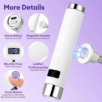 Blushimmer portable UV nail dryer with flexible hose, LED light, rechargeable gel lamp for nail art and gel nail curing.