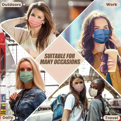 Pack of 200 thickened tea green 4-layer disposable face masks with elastic loops and adjustable nose clips for travel and outdoor use.