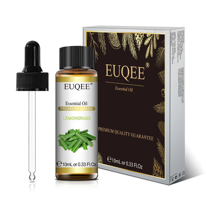 Blushimmer EUQEE 10ml essential oil set featuring lavender, jasmine, eucalyptus, vanilla, sandalwood, orange, lemon, oregano, and neroli fragrances.