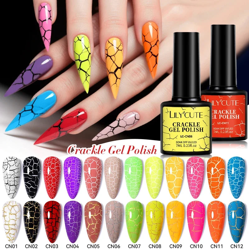 LILYCUTE 7ml neon crackle gel nail polish in bright fluorescent colors, quick-drying UV gel for summer nail art and DIY manicures