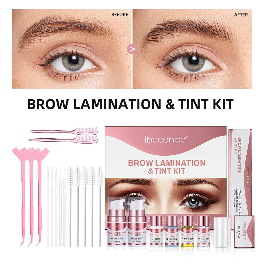 Blushimmer semi-permanent brow and lash lift and tint kit with applicators and branding components on a white background.