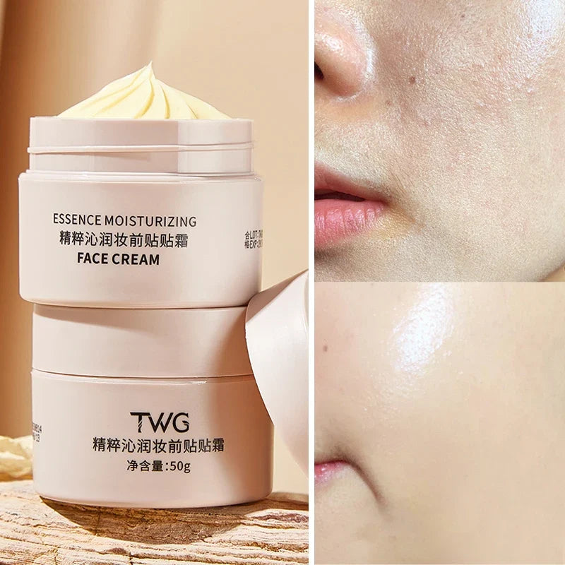 Blushimmer moisturizing foundation cream applied before makeup, creating a natural, lasting, dewy finish for smooth skin.