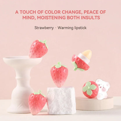 Blushimmer Shiji Strawberry lip balm showing the sleek tube with a pink cap and clear label, perfect for hydration and lip protection.