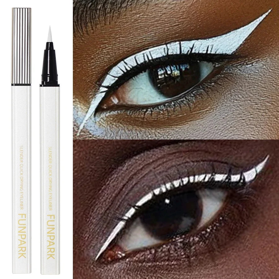 White liquid eyeliner pen by Blushimmer with matte finish, waterproof formula, and long-lasting wear shown in the image.