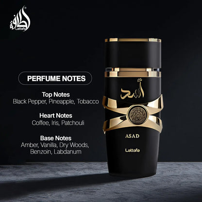 Lattafa Asad unisex Eau de Parfum spray by Blushimmer, 3.4 oz, natural long-lasting fragrance, Arabian women's perfume.