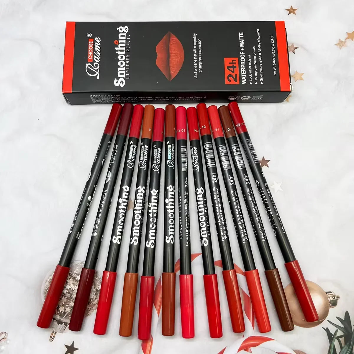 Blushimmer 12-color lip liner pen set with black rod, easy-to-use lipstick pencils, ideal for precise lip makeup application.