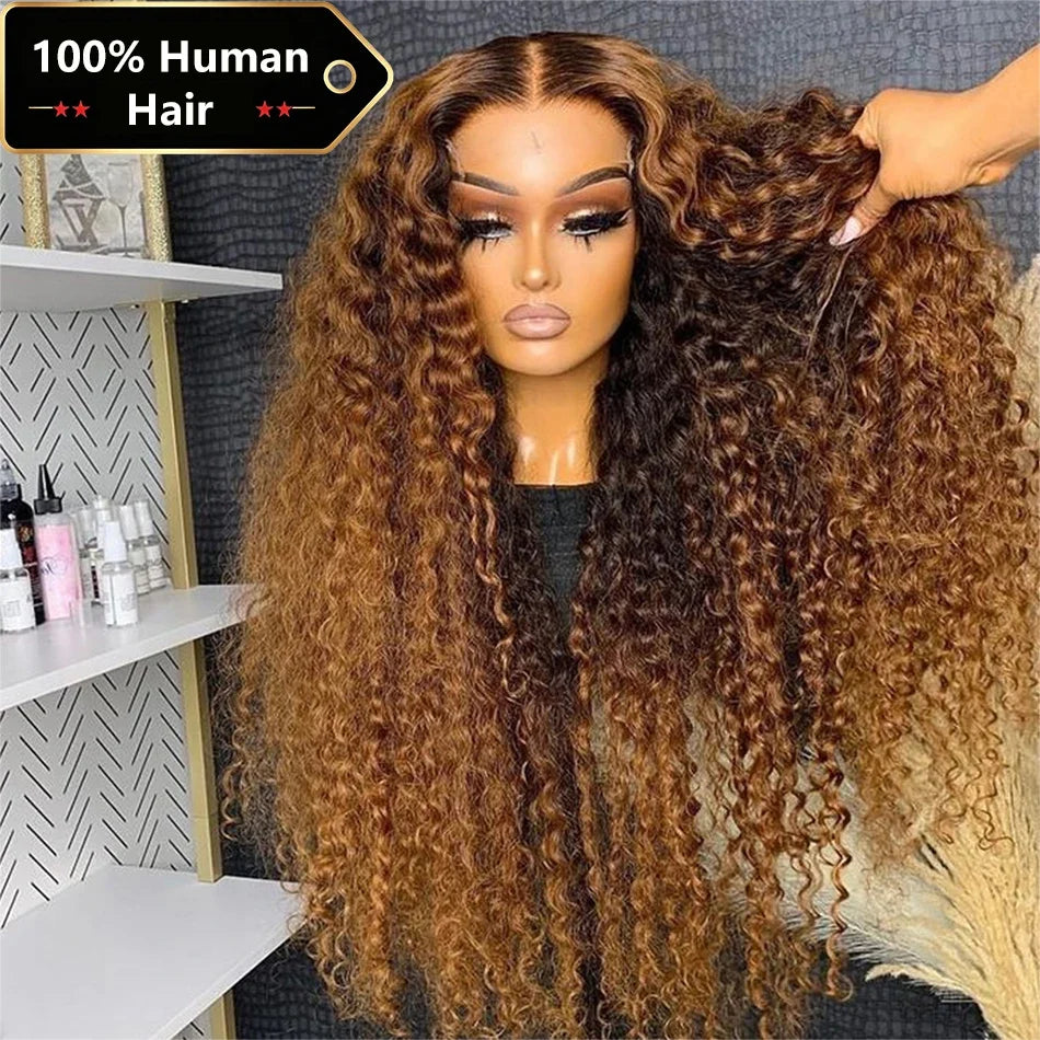 Selvanelle 30-inch honey brown curly lace front wig with deep wave, 13x6 lace frontal, 250 density, ombre color, human hair.