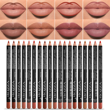 Blushimmer nude matte lipstick pencil with 14 color options, long-lasting waterproof lip liner, high pigmentation, and precise application.