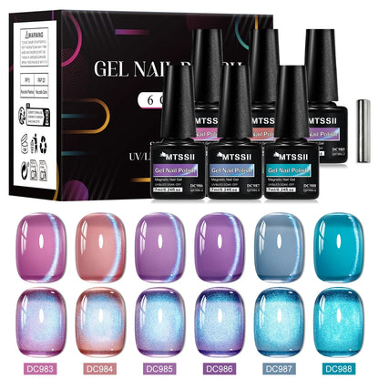 Shiny pink and colorful magnetic gel nail polish set with 7 pieces, featuring semi-permanent soak-off UV gel from Blushimmer.