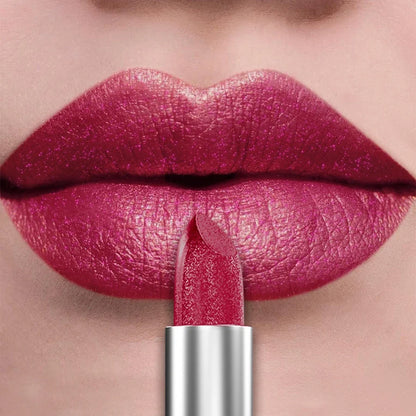 Blushimmer 21Colors metallic lipstick with glitter and pearl finish, showcasing a shiny, bold lip makeup look.