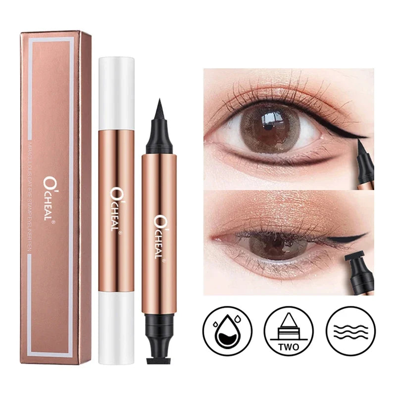 Black waterproof liquid eyeliner pen with dual heads and stamp tip, designed for precise eye makeup by Blushimmer.