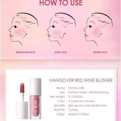 Blushimmer FOCALLURE liquid blusher with four natural shades, long-lasting matte finish, featuring a hangover red wine hue.