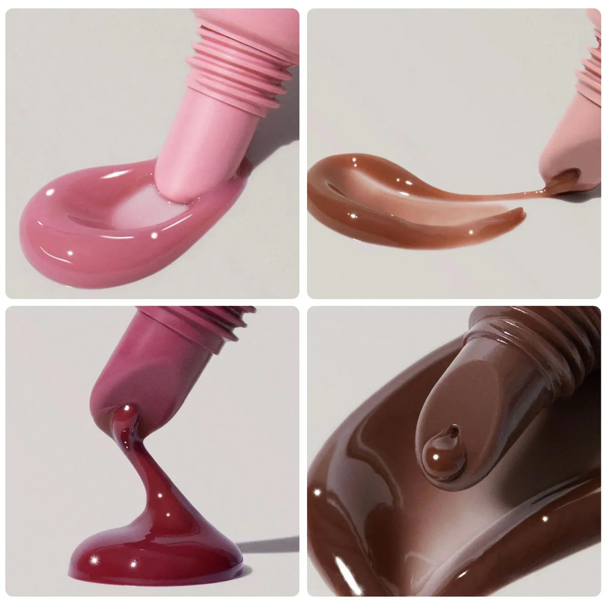 Blushimmer soft tube lip gloss and lip oil in nude brown with moisturizing and plumping transparent finish for natural beauty.