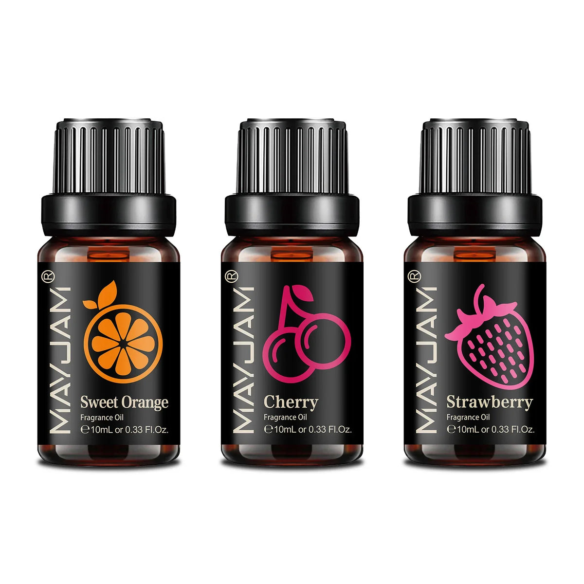 Blushimmer MAYJAM fruit essential oil bottle with cherry, banana, papaya, grape, and other fruit fragrance oils for diffuser and candles.
