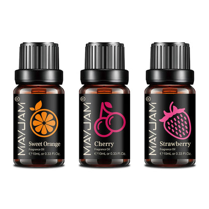 Blushimmer MAYJAM fruit essential oil bottle with cherry, banana, papaya, grape, and other fruit fragrance oils for diffuser and candles.