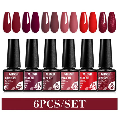 Blushimmer MTSSII 6-piece set of sparkly red gel nail polishes with shiny finish, ideal for LED UV nail art and manicure.