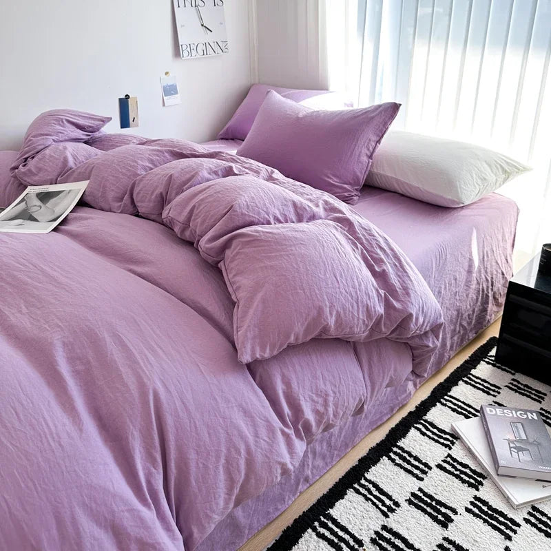 Bed Linen Solid Cotton Bedding Set with Sheet Duvet Cover Pillowcases Single Couple Bedsheet King Queen Double Twin Size