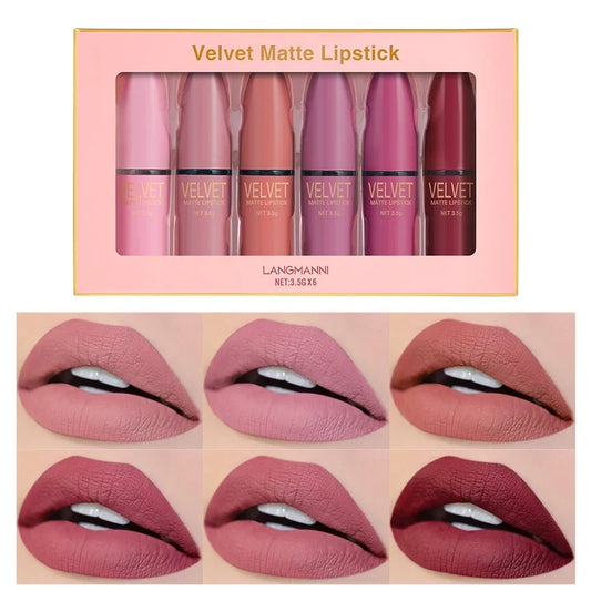 Blushimmer Langmanni matte lipstick set with six waterproof, matte finish lipsticks in a gift box, resistant to smudging on cups.