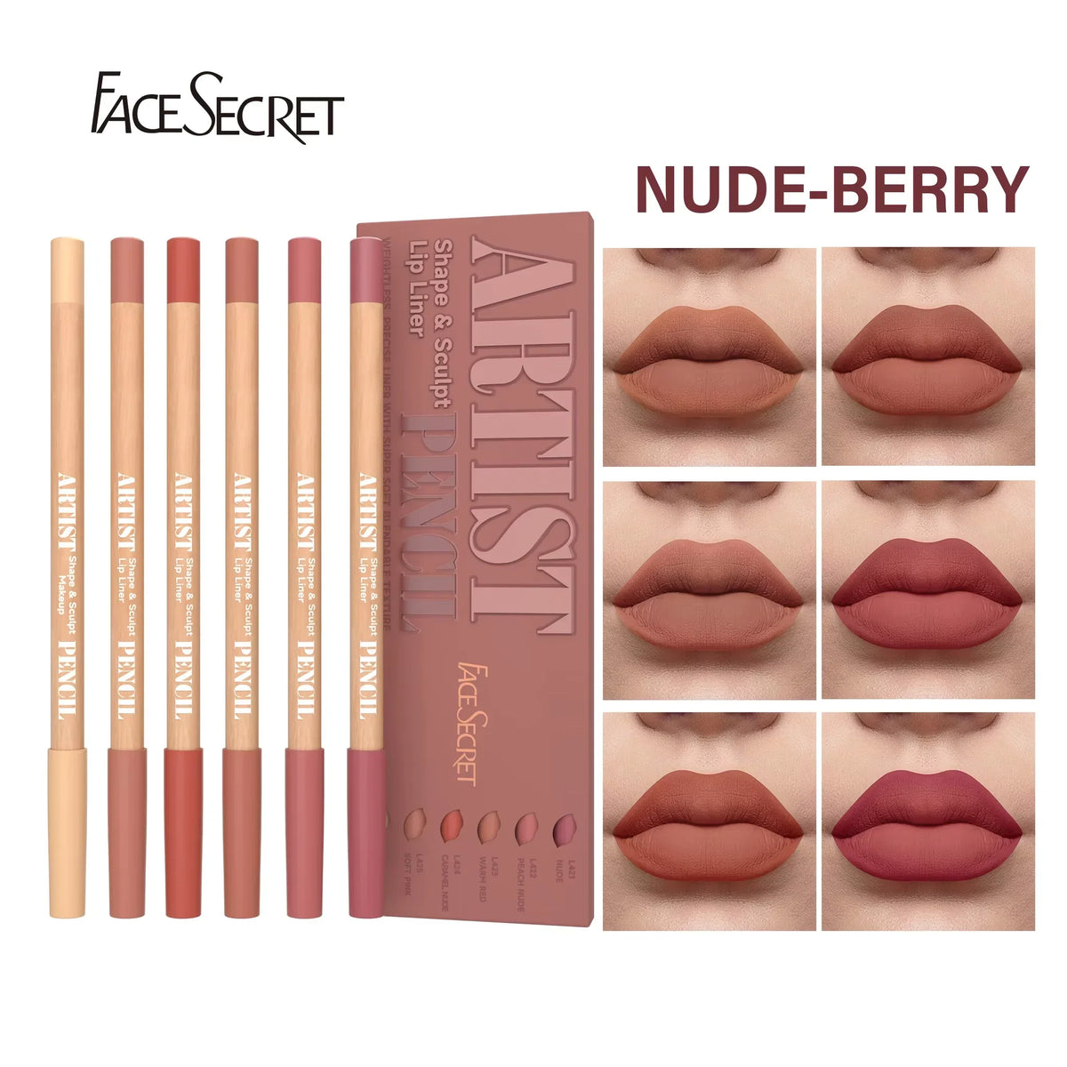 Blushimmer 6-piece velvet matte lip liner set with versatile shades including berry, brown, and pink for long-lasting lip makeup.